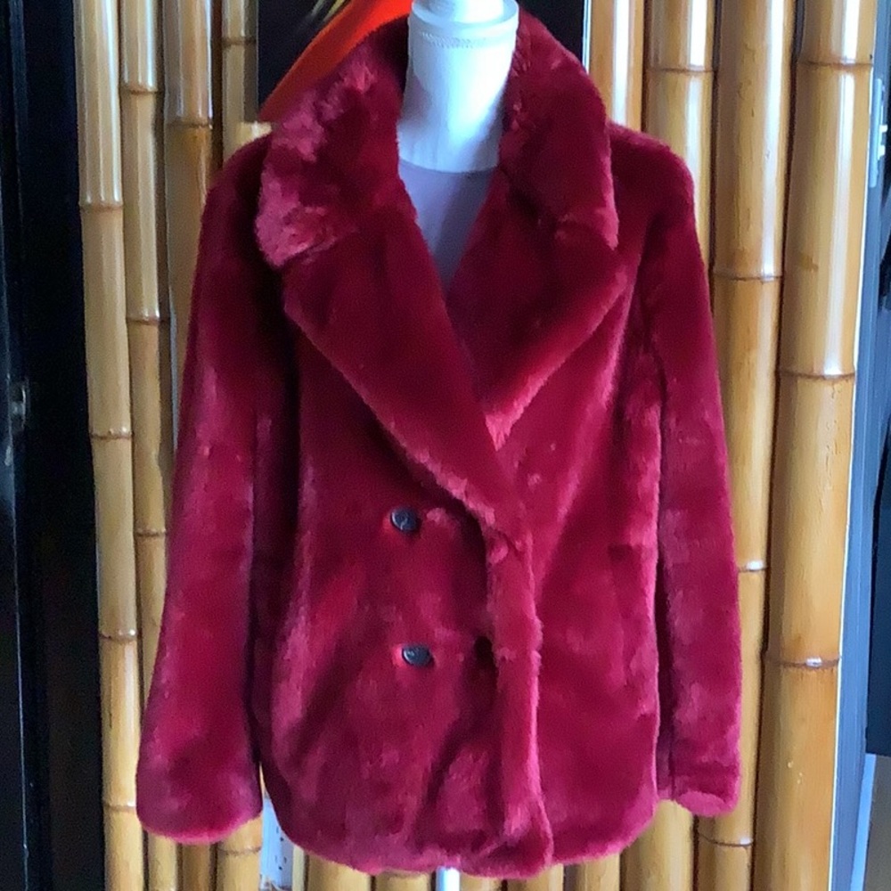 Guess Red Teddy Jacket Faux Fur Coat Embroidered - Picture 2 of 4